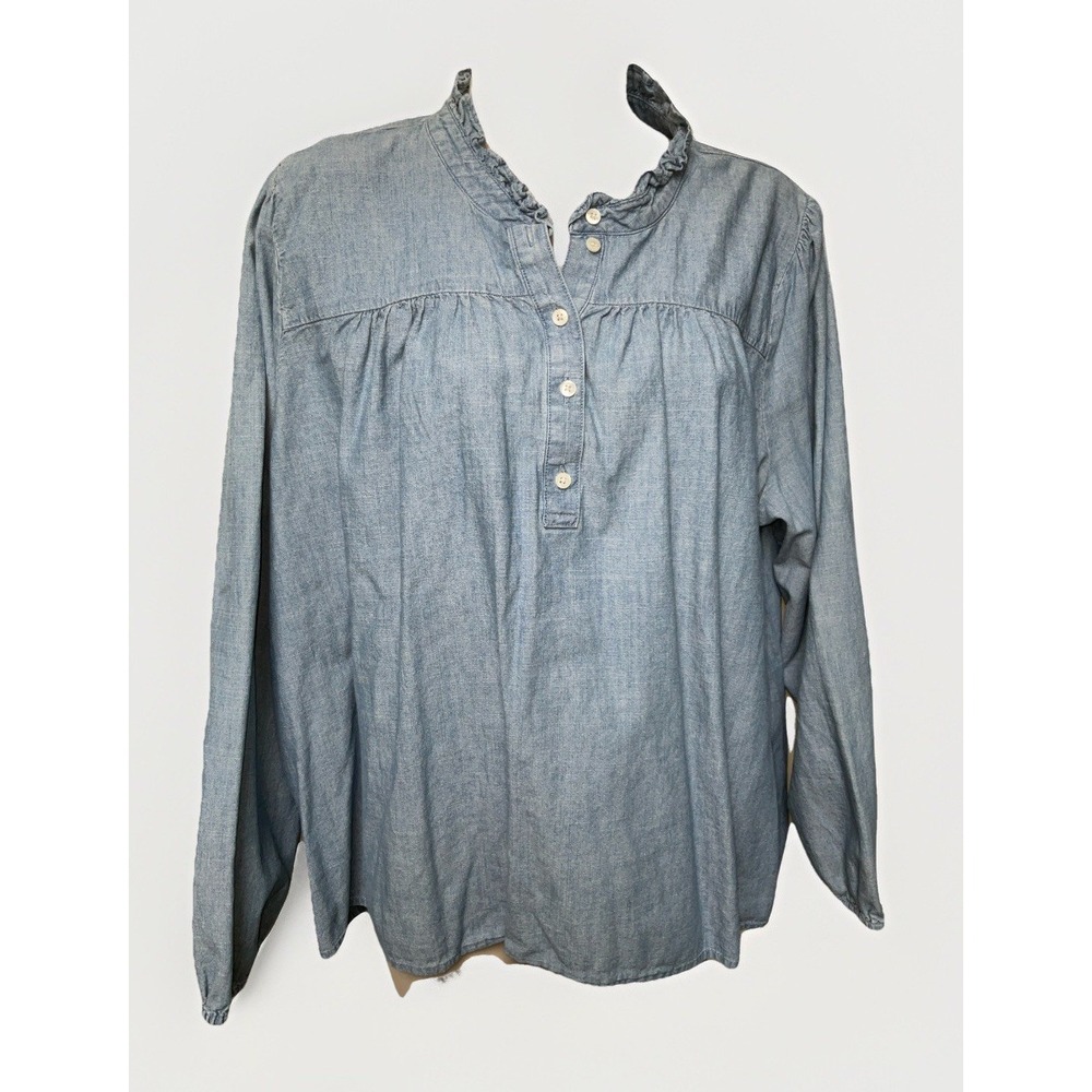 J.Crew Chambray Shirt 3XL Blue Tunic Ruffle Neck Long Sleeve Cotton Boho Cottage
